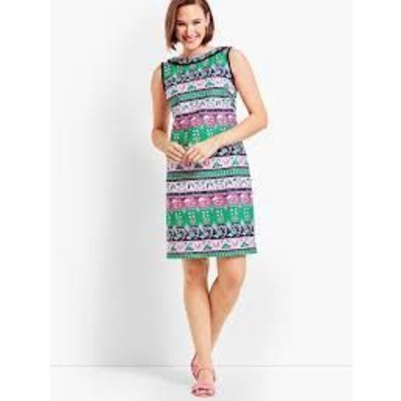 Talbots 12 Sleeveless Collared Knee Length Dress Pink Green Palm Beach Retro 70s - Picture 1 of 16